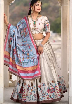 Digital Printed Art Silk Lehenga in Light Grey