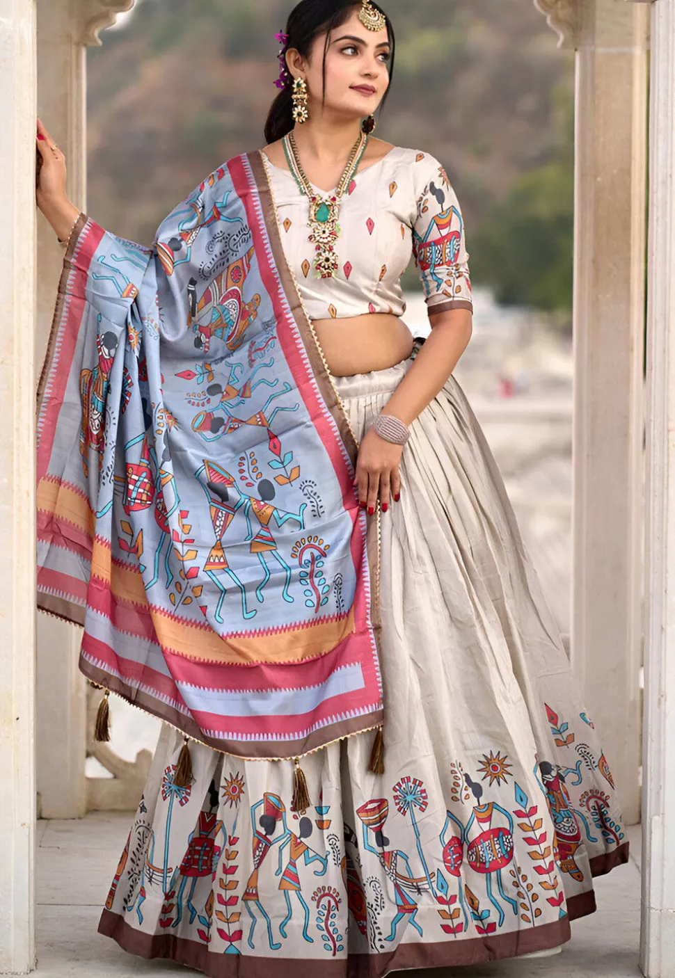 Digital Printed Art Silk Lehenga in Light Grey