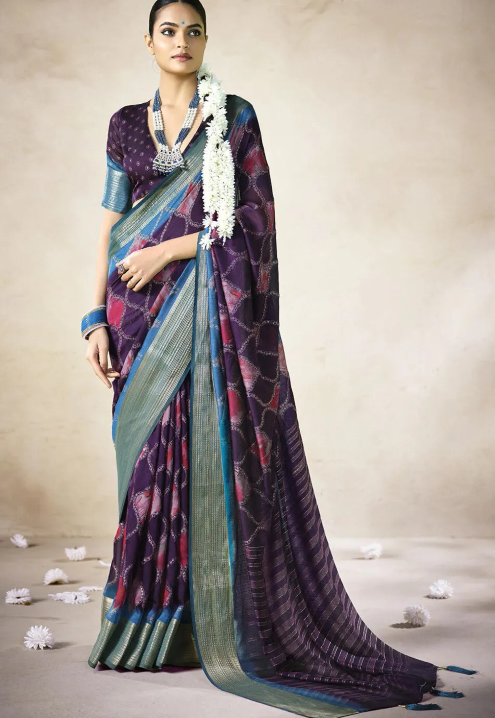 Digital Printed Art Silk Saree in Purple