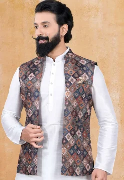 Digital Printed Art Silk Nehru Jacket in Multicolor