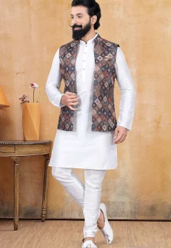 Digital Printed Art Silk Nehru Jacket in Multicolor