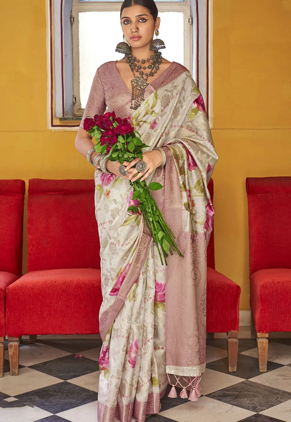 Digital Printed Art Silk Saree in Off White