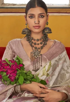 Digital Printed Art Silk Saree in Off White