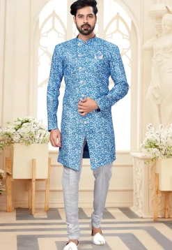 Digital Printed Art Silk Sherwani in Blue