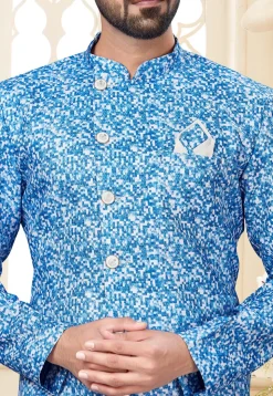 Digital Printed Art Silk Sherwani in Blue