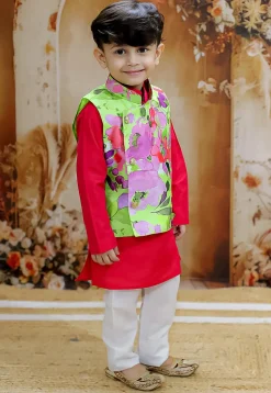 Digital Printed Art Silk Kurta Set in Red