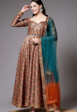 Digital Printed Art Silk Abaya Style Suit in Brown