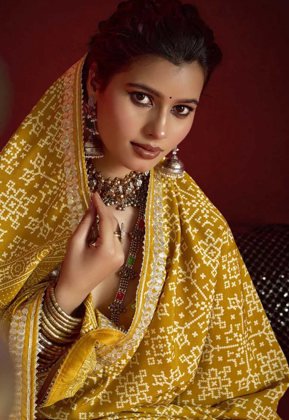 Digital Printed Art Silk Saree in Mustard