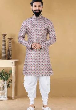 Digital Printed Art Silk Dhoti Kurta in Light Grey