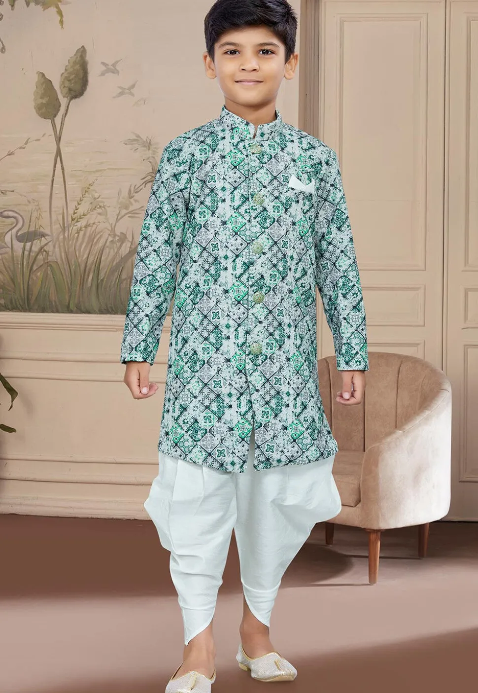 Digital Printed Art Silk Sherwani in Teal Green