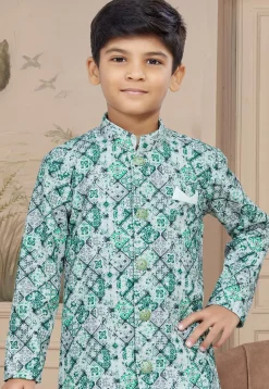 Digital Printed Art Silk Sherwani in Teal Green