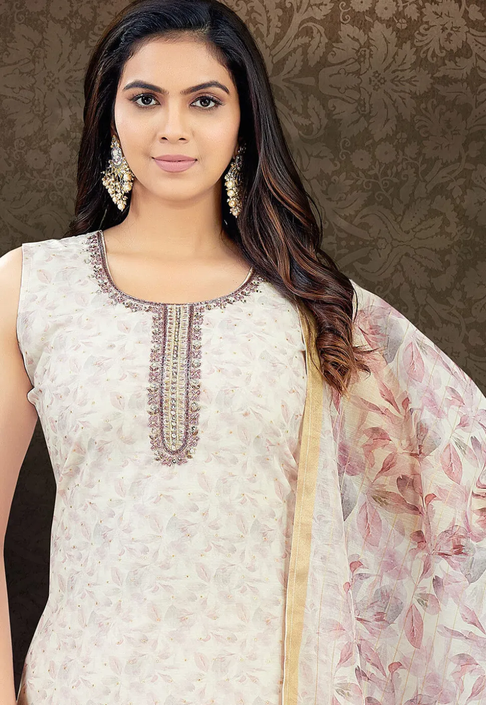 Digital Printed Art Silk Pakistani Suit in Off White