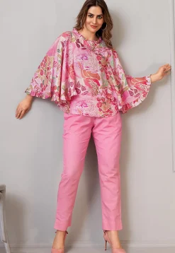 Digital Printed Art Silk Top Set in Pink