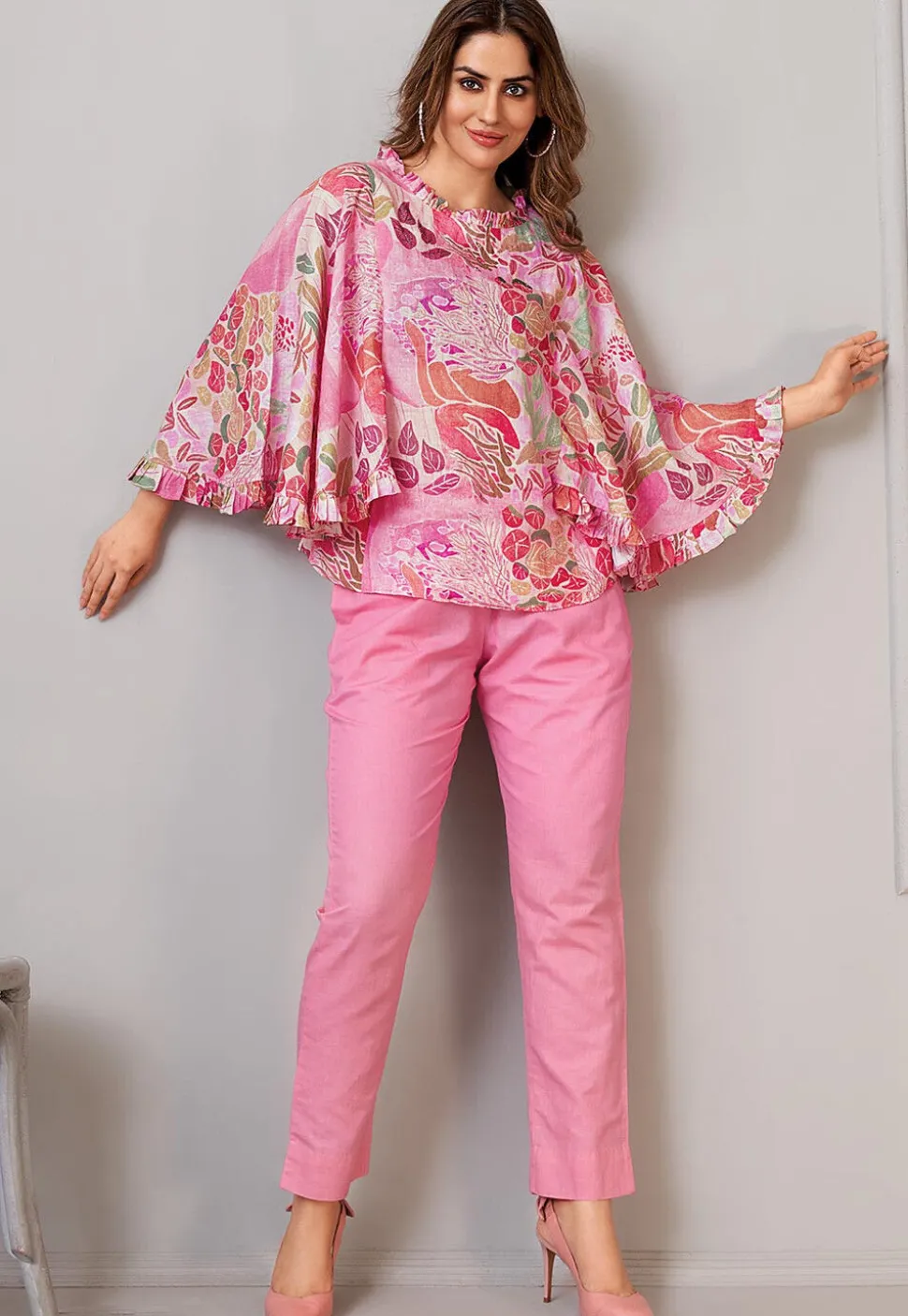 Digital Printed Art Silk Top Set in Pink