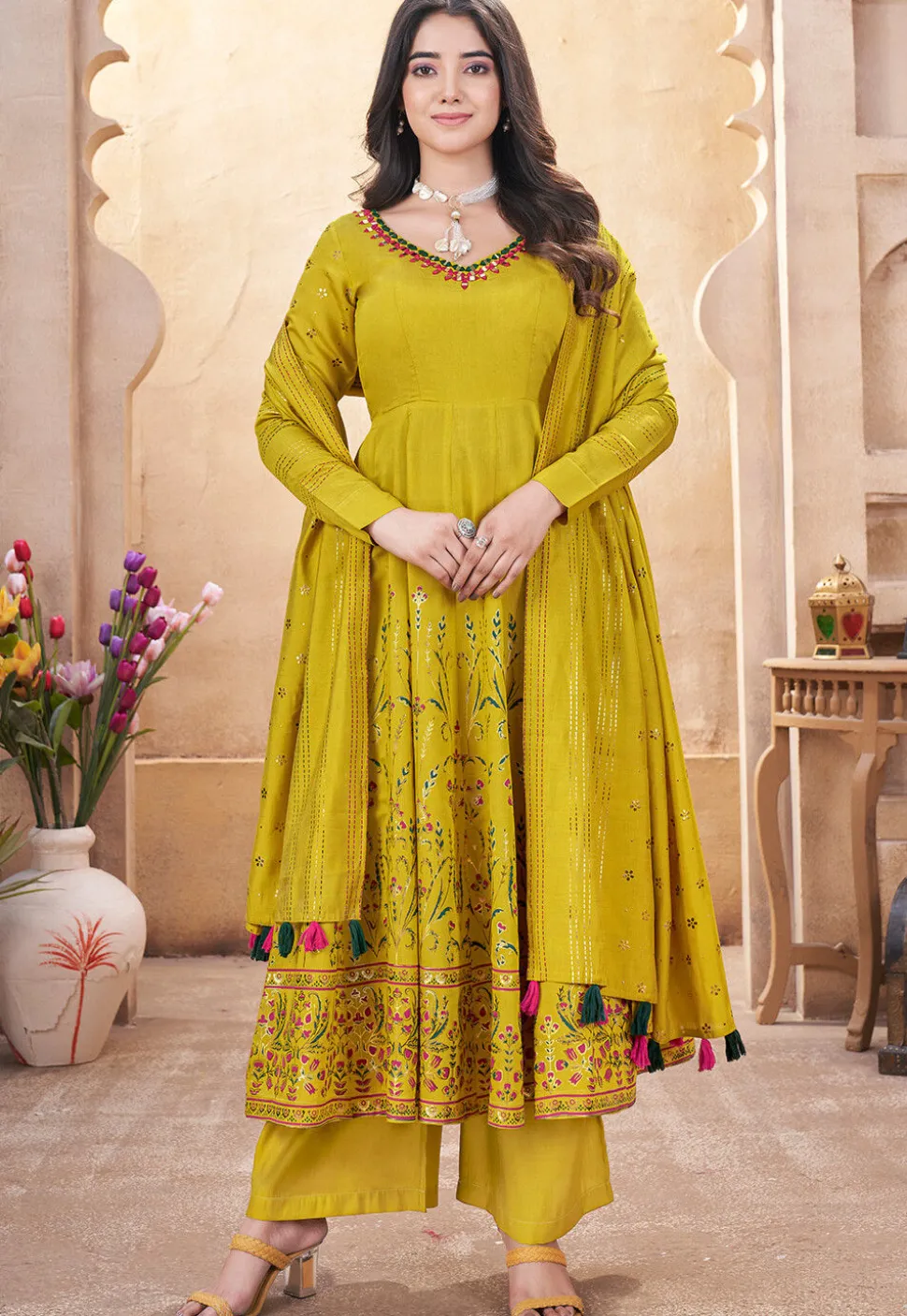 Digital Printed Art Silk Anarkali Suit in Olive Green
