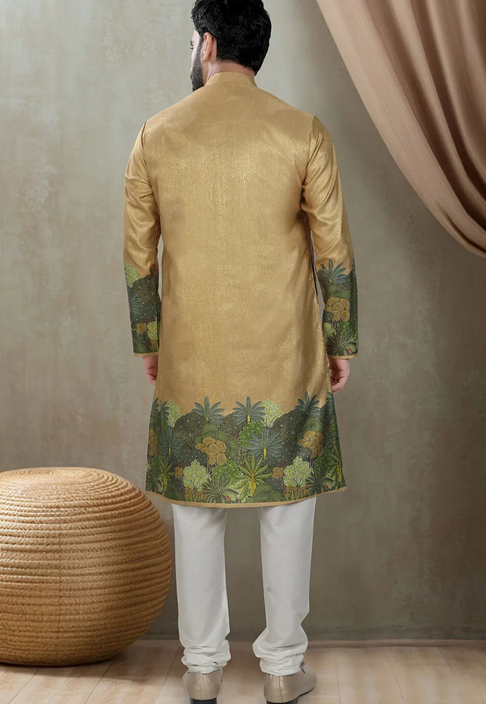 Digital Printed Art Silk Kurta Set in Beige