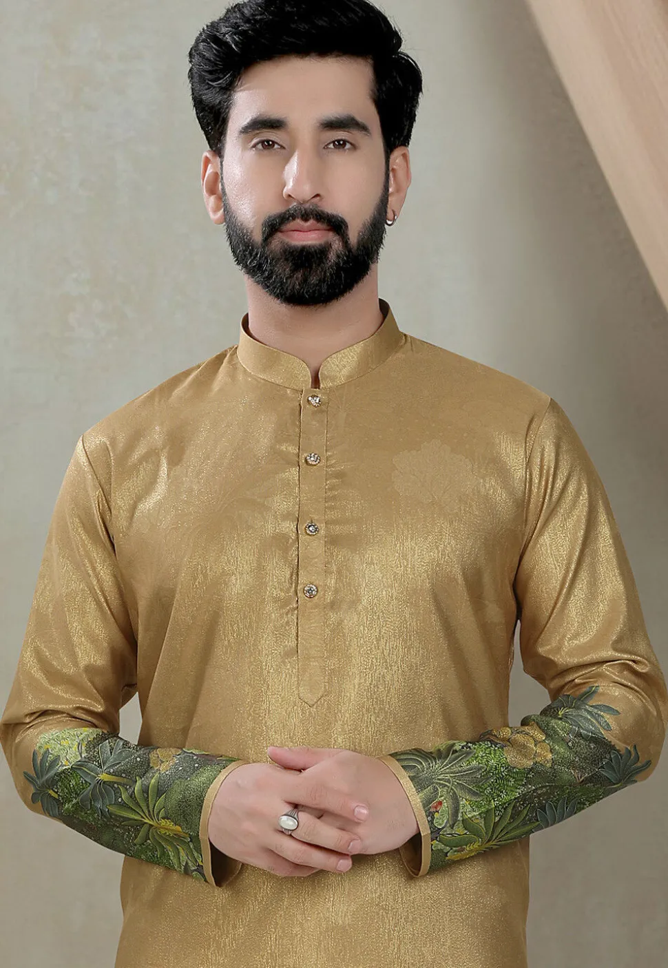 Digital Printed Art Silk Kurta Set in Beige