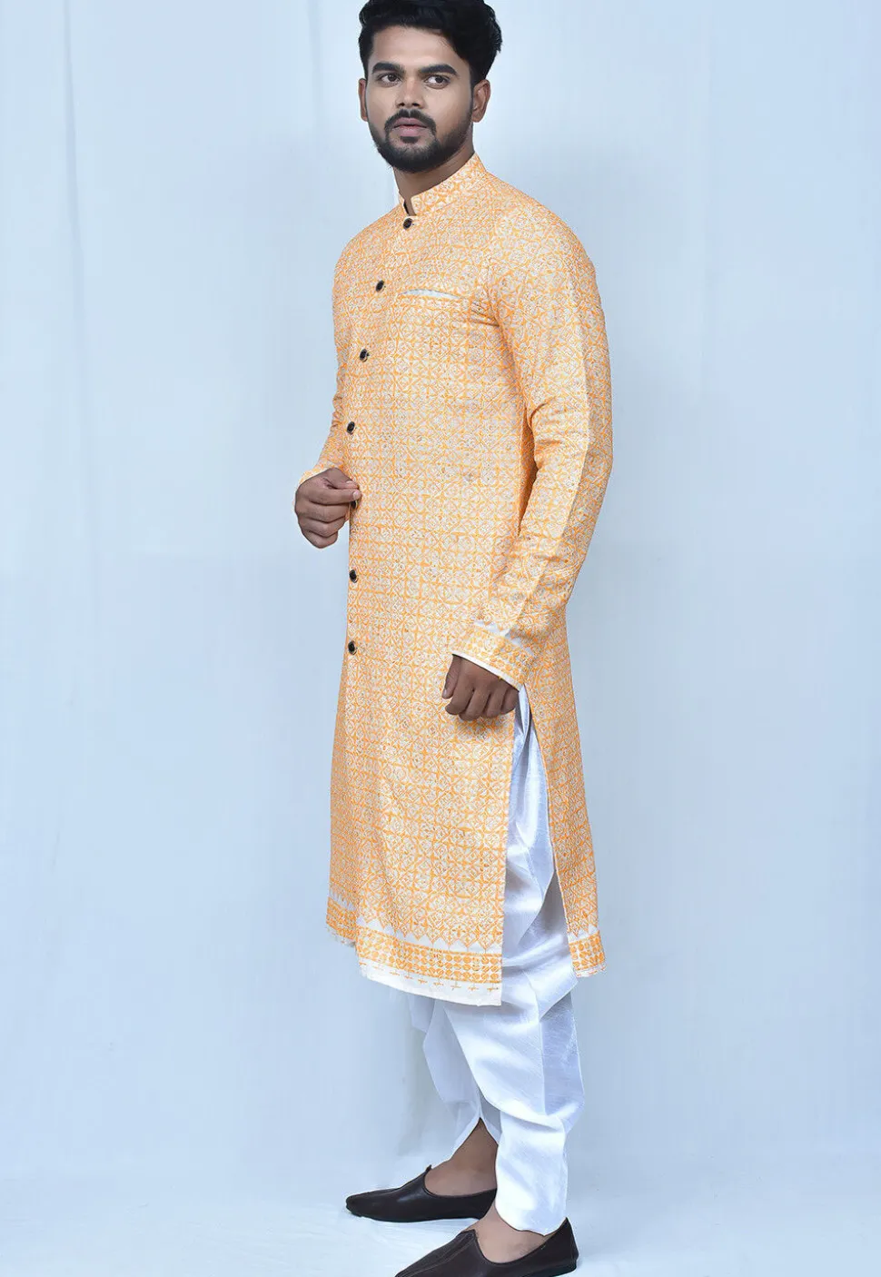 Digital Printed Art Silk Dhoti Kurta in Orange