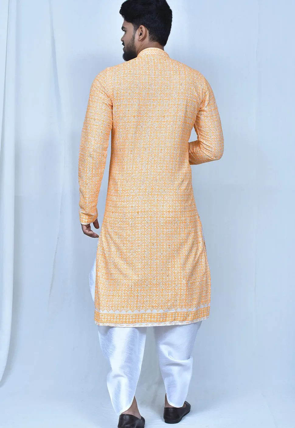 Digital Printed Art Silk Dhoti Kurta in Orange