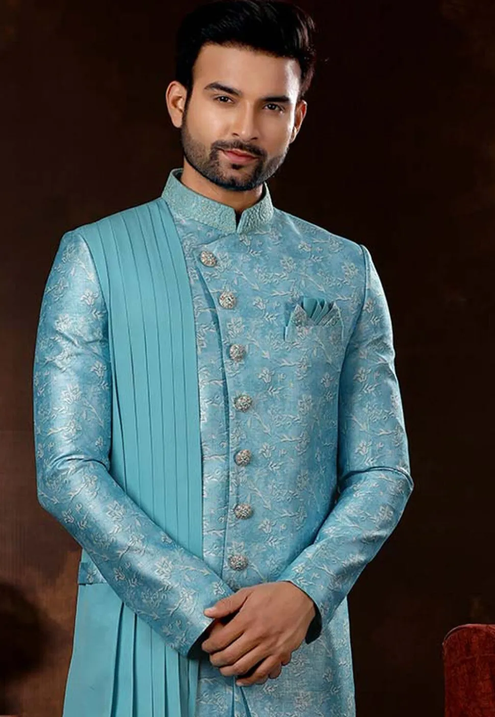 Digital printed Art Silk Layered Sherwani in Sky Blue
