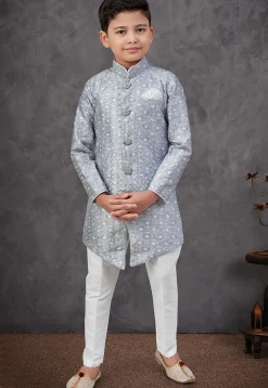 Digital Printed Art Silk Sherwani in Grey