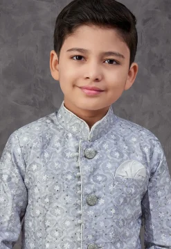 Digital Printed Art Silk Sherwani in Grey