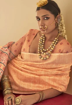 Digital Printed Art Silk Saree in Light Orange
