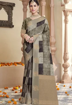 Digital Printed Art Silk Jacquard Saree in Dark Olive Green