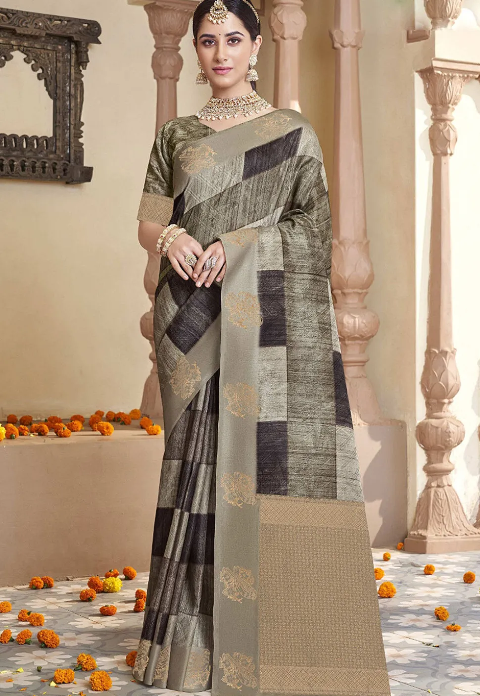 Digital Printed Art Silk Jacquard Saree in Dark Olive Green