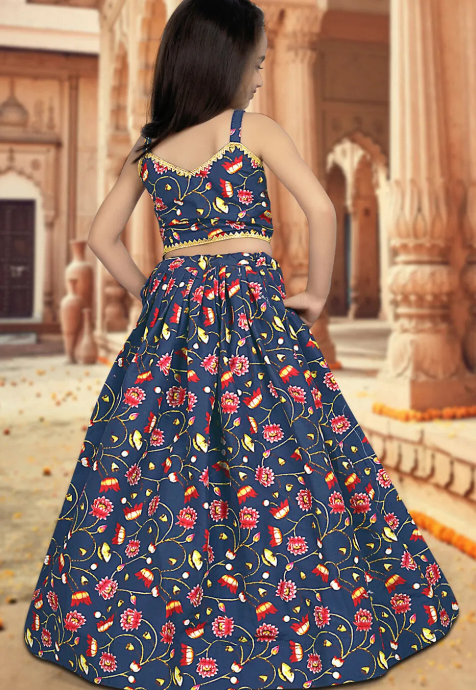Digital Printed Art Silk Lehenga in Blue