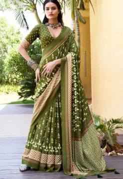 Digital Printed Art Silk Saree in Olive Green