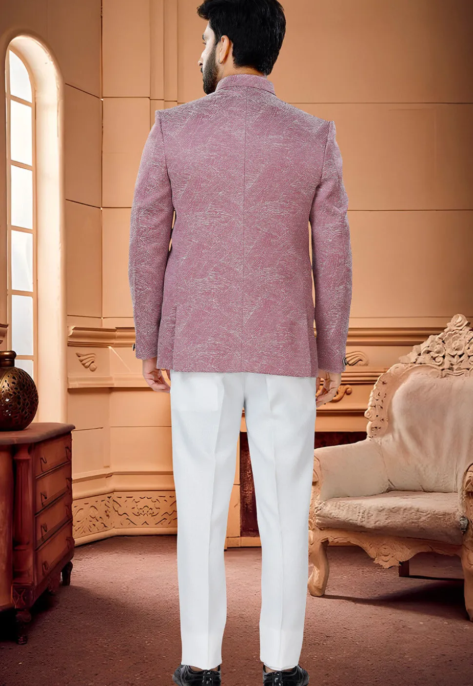 Digital Printed Art Silk Jodhpuri Suit in Pink