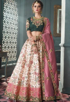 Digital Printed Art Silk Lehenga in Off White