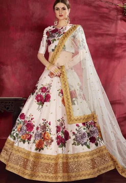 Digital Printed Art Silk Lehenga in Light Beige