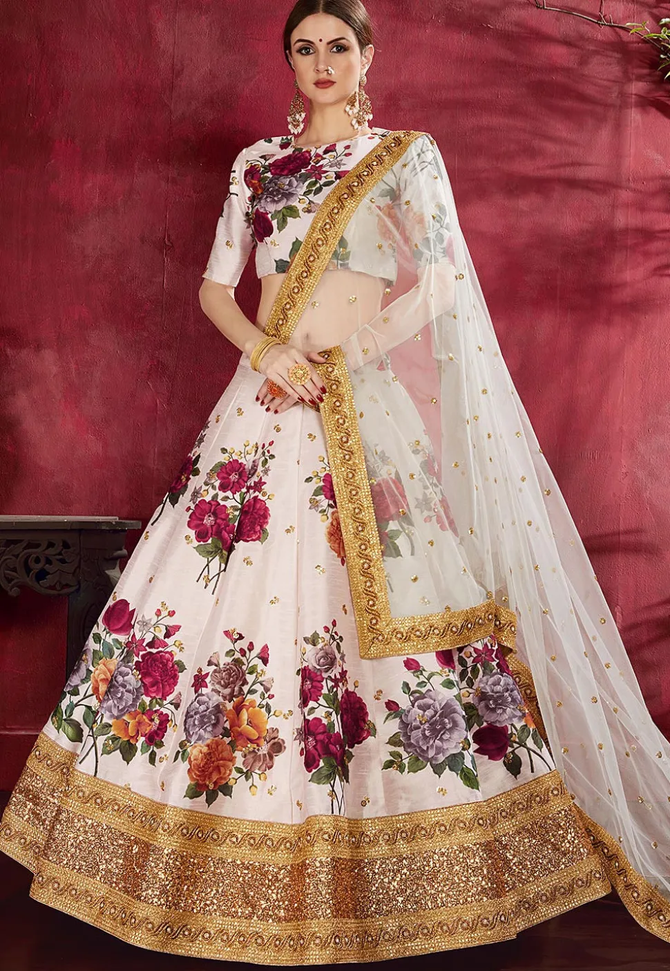 Digital Printed Art Silk Lehenga in Light Beige