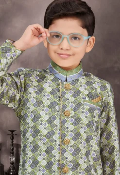 Digital Printed Art Silk Jacquard Sherwani in Green and Multicolor