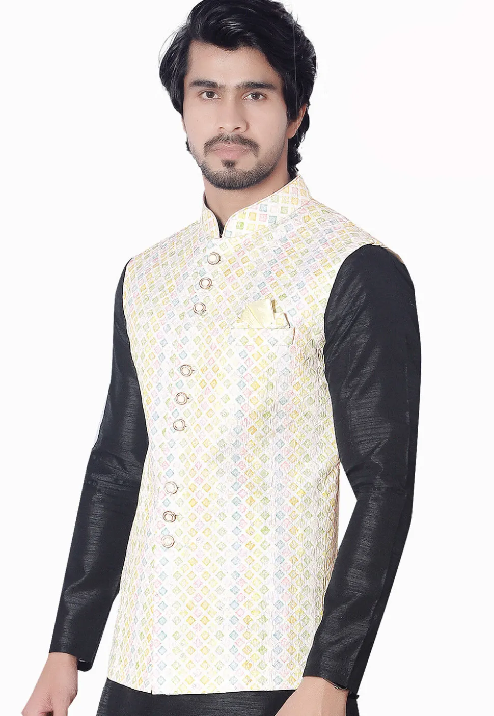 Digital Printed Art Silk Nehru Jacket in Multicolor