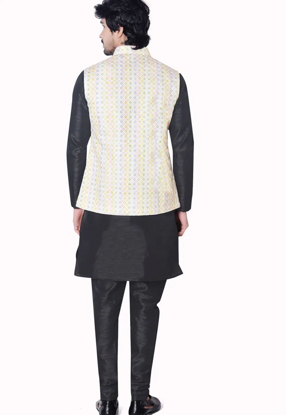 Digital Printed Art Silk Nehru Jacket in Multicolor