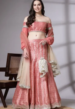 Digital Printed Art Silk Lehenga in Peach