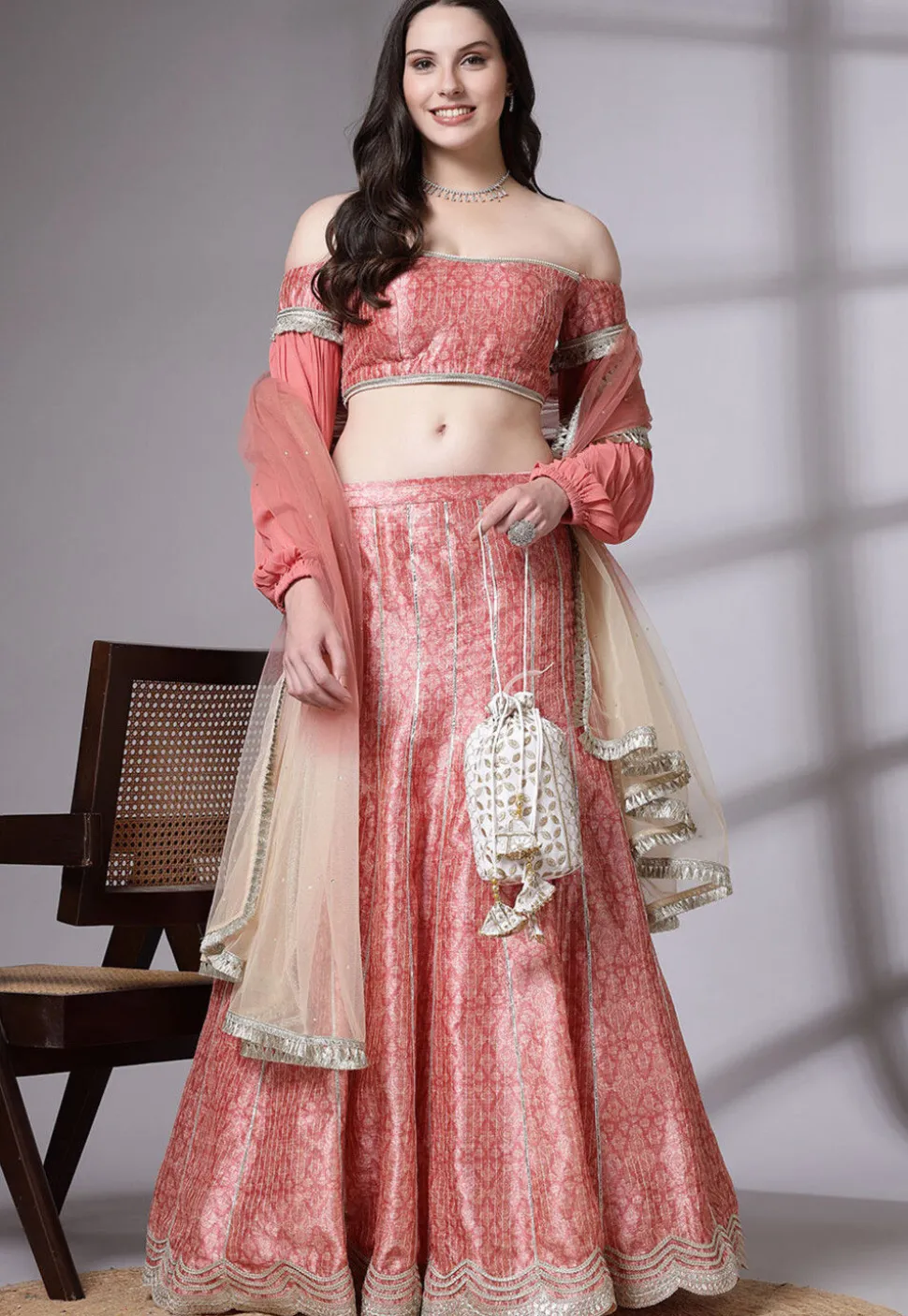 Digital Printed Art Silk Lehenga in Peach