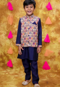 Digital Printed Art Silk Kurta Set in Navy Blue