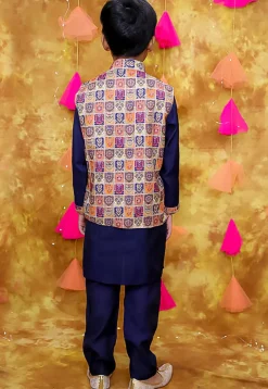 Digital Printed Art Silk Kurta Set in Navy Blue