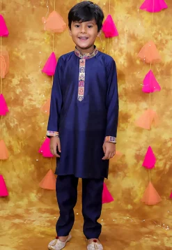 Digital Printed Art Silk Kurta Set in Navy Blue