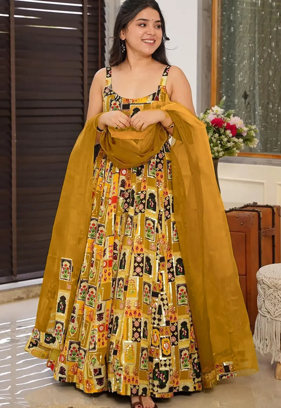 Digital Printed Art Silk Abaya Style Suit in Mustard