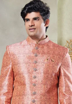 Digital Printed Art Silk Sherwani in Peach