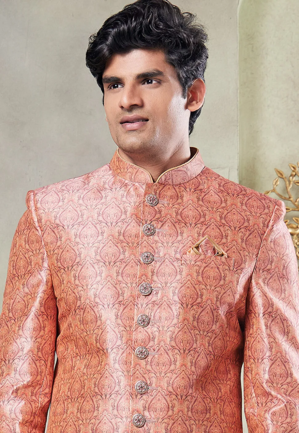 Digital Printed Art Silk Sherwani in Peach