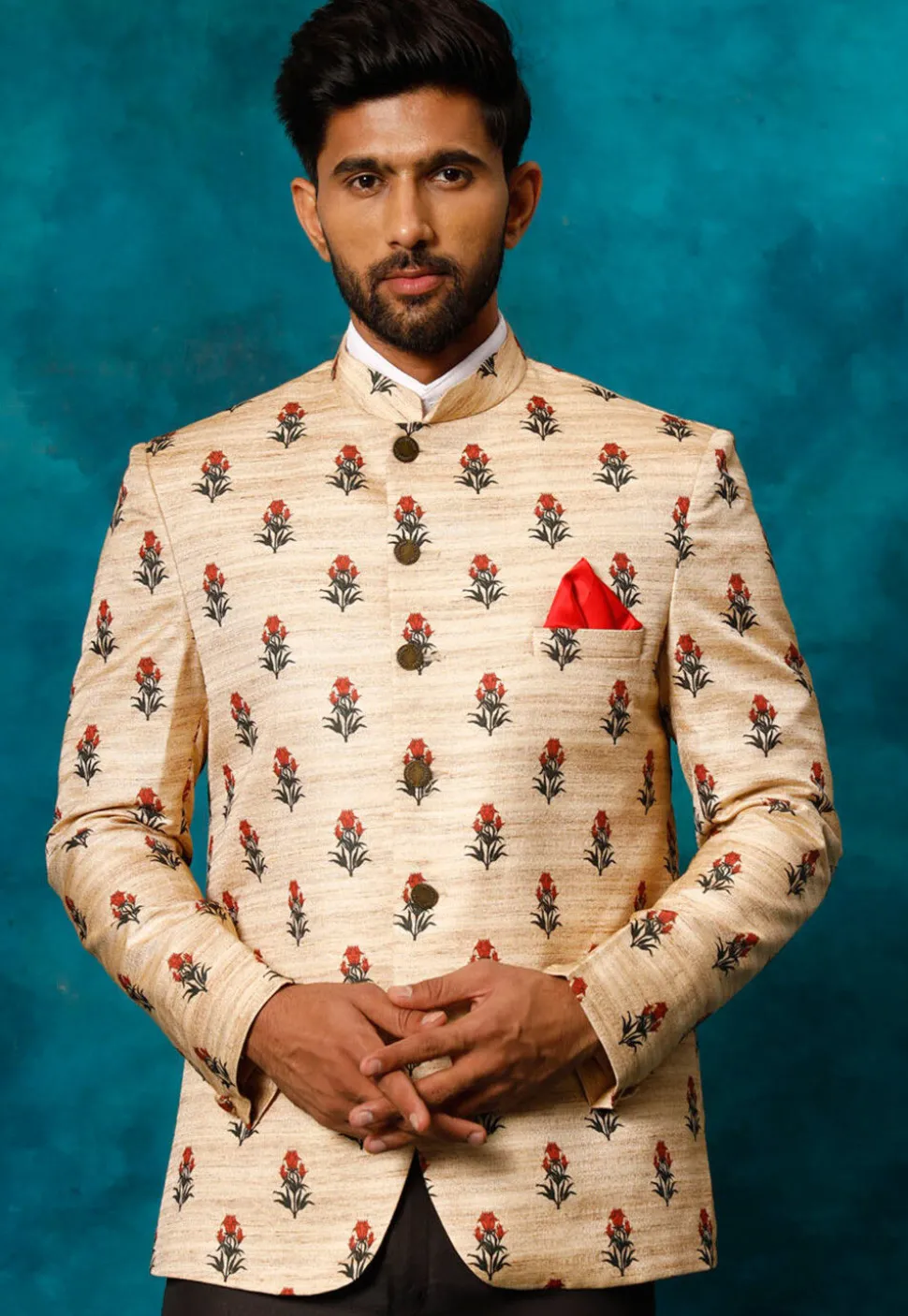 Digital Printed Art Silk Jodhpuri Jacket in Light Beige