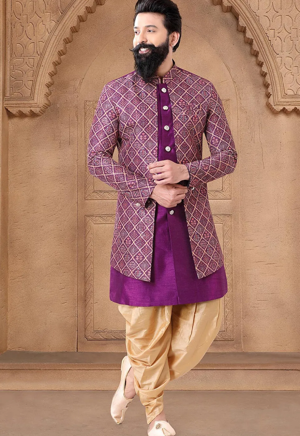 Digital Printed Art Silk Jacket Style Sherwani in Purple