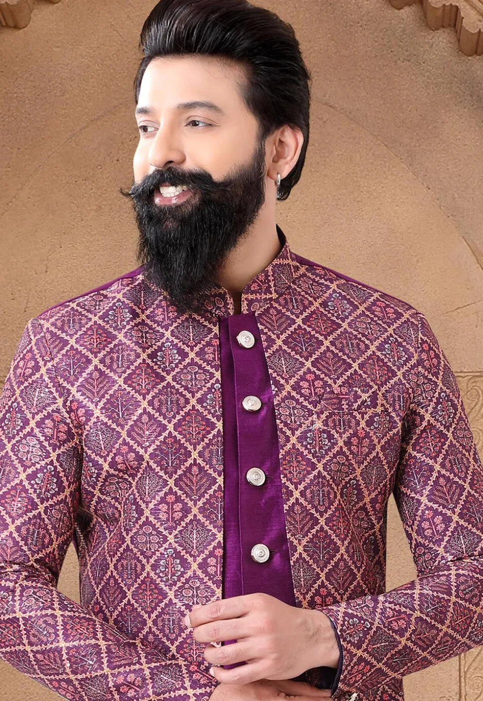 Digital Printed Art Silk Jacket Style Sherwani in Purple