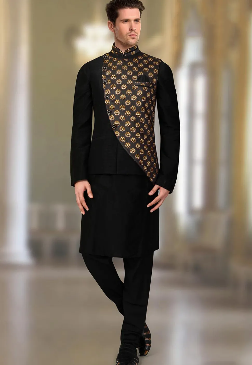Digital Printed Art Silk Nehru Jacket in Black and Golden